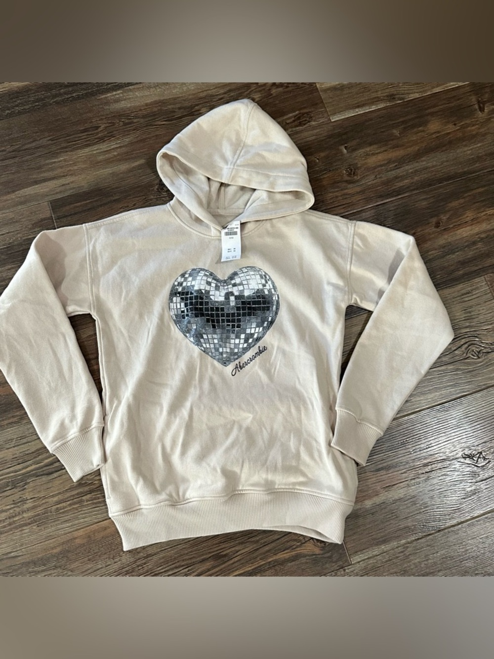 Abercrombie kids cream hooded sweatshirt glittery disco ball heart girls 11/12